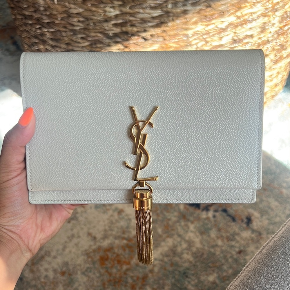 YSL Kate Chain Wallet with Tassel in Grain Blanc Vintage